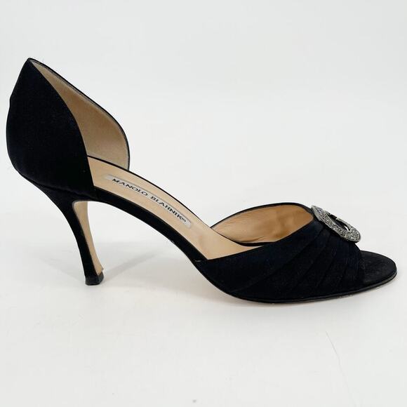 Manolo Blahnik y2k Black Satin Sedaraby Crystal D’Orsay Peep Toe Heels IT 41 - Picture 3 of 14